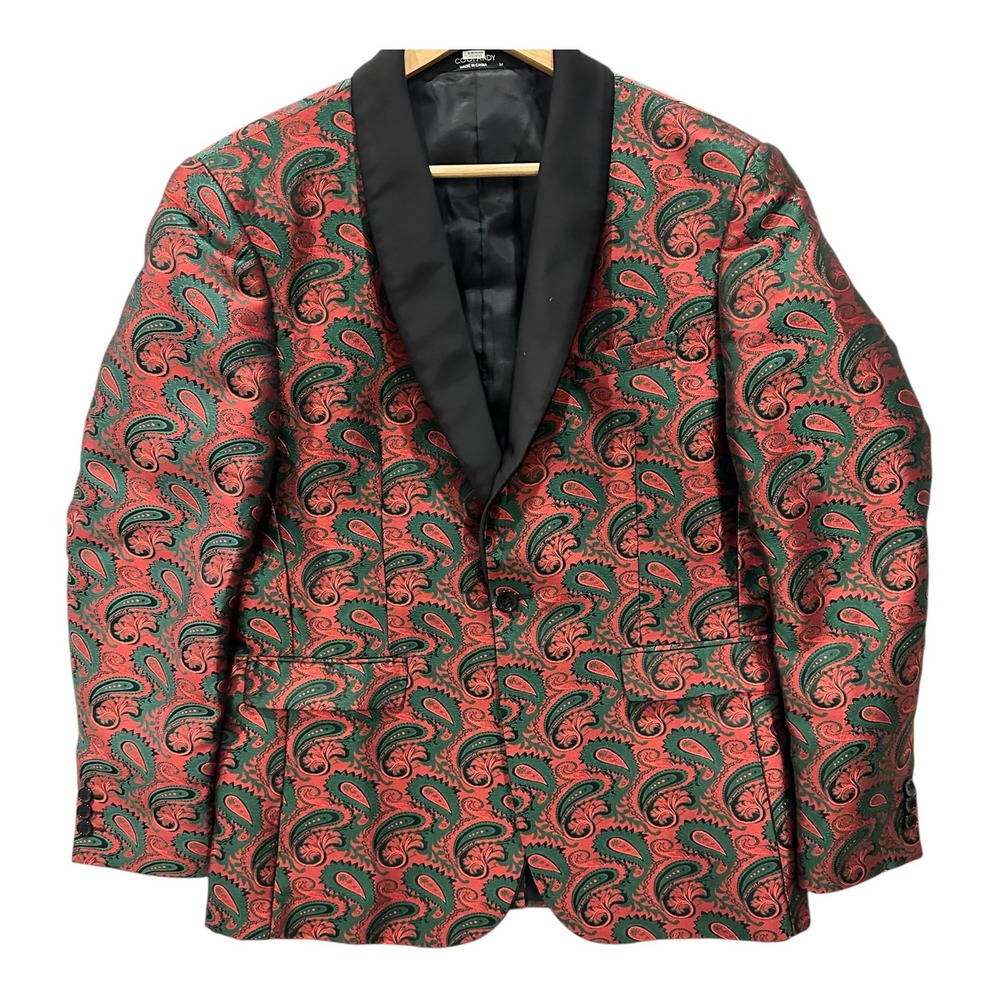 Christmas Paisley Tuxedo Jacket Red Green Blazer Mens M Shawl Lapel Coofandy